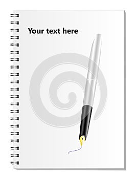 White notepad with pen on a white background with realistic shadows.