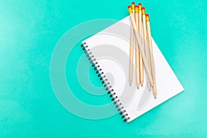 White notepad with steel pen on a green background. Office table, minimal composition. Copy space