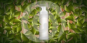 White nozzle spray bottle Nozzle cans With a blank label on the wood floor and a pile of bright green leaves 3d illustration