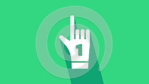 White Number 1 one fan hand glove with finger raised icon isolated on green background. Symbol of team support in