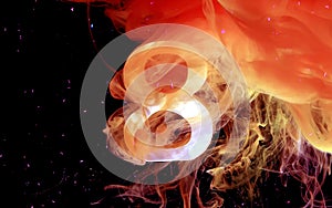 White number 8 in 3D on a fiery background. Concept for International Women`s Day