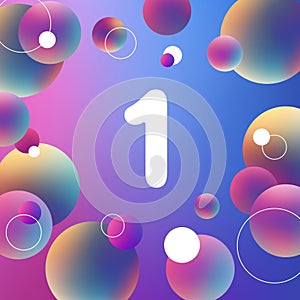 white number one, multicolored bubbles background, 3d rendering, creative alphabet