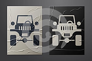 White Off road car icon isolated on crumpled paper background. Jeep sign. Paper art style. Vector