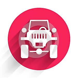 White Off road car icon isolated with long shadow. Jeep sign. Red circle button. Vector