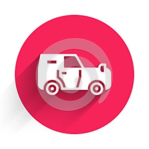 White Off road car icon isolated with long shadow. Jeep sign. Red circle button. Vector