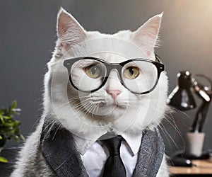 White office cat humanly dressed with glasses and suit office background