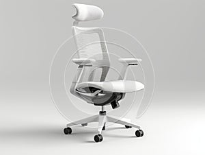 A white office chair with a black armrest
