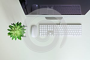 White office desk table with computer keyboard, mouse, monitor, succulent plant and other office supplies. Top view, copy space,