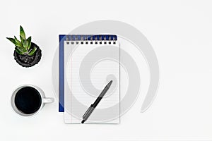 White office desk table layout. glasses, coffee and office supplies. copy space flat lay.