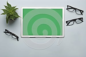 White office desk top view workspace design. green screen tablet mockup isolated for insertion on screen next to glasses and