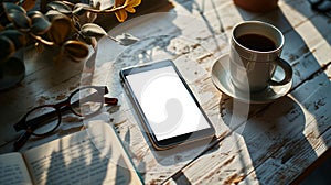 White office desk workplace with blank screen smart phone, eyeglass, book and coffee mug, Top view flat lay