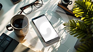 White office desk workplace with blank screen smart phone, eyeglass, book, pen and coffee mug, Top view flat lay with copy space,