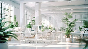 White office interior with green plants. Greenery in the clean and bright corporate workspace