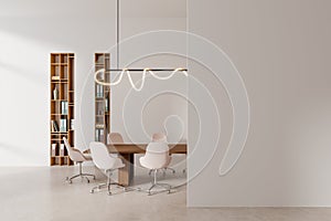 White office meeting room with bookcases and mock up wall