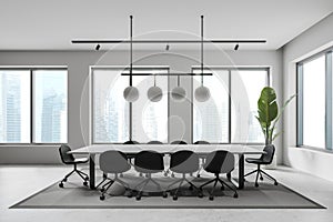 White office meeting room interior with table and seats, panoramic window