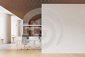 White office room interior with pc desktop on table and shelf, mock up wall