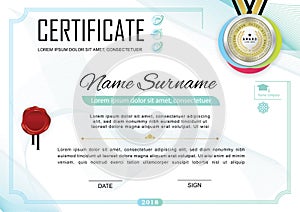 White official certificate with badge and wafer. Vector template. Grey colorful design elements on white background. Official blan photo