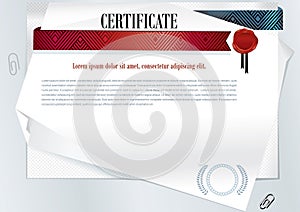 White official certificate. Sheets of paper and red turquoise ribbon