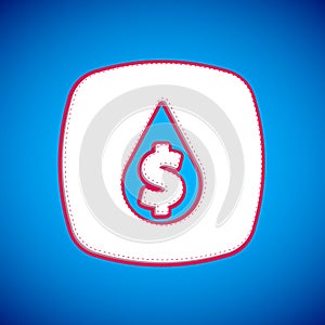 White Oil drop with dollar symbol icon isolated on blue background. Oil price. Oil and petroleum industry. Vector