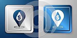 White Oil drop with dollar symbol icon isolated on blue and grey background. Oil price. Oil and petroleum industry