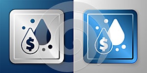 White Oil drop with dollar symbol icon isolated on blue and grey background. Oil price. Oil and petroleum industry