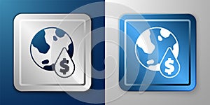 White Oil drop with dollar symbol icon isolated on blue and grey background. Oil price. Oil and petroleum industry
