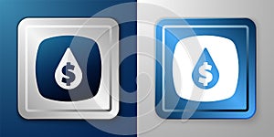 White Oil drop with dollar symbol icon isolated on blue and grey background. Oil price. Oil and petroleum industry