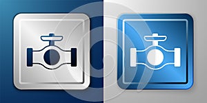 White Oil pipe with valve icon isolated on blue and grey background. Silver and blue square button. Vector