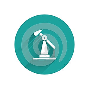 White Oil pump or pump jack icon isolated with long shadow. Oil rig. Green circle button. Vector