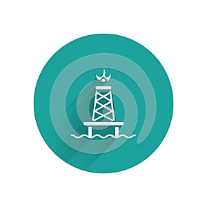 White Oil rig with fire icon isolated with long shadow. Gas tower. Industrial object. Green circle button. Vector