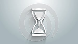 White Old hourglass with flowing sand icon isolated on grey background. Sand clock sign. Business and time management
