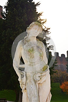 White old marble statue, building in Castelfranco Veneto, in Italy