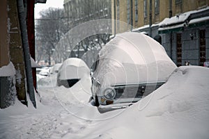 White Old Wehicle Covered by Snow on the Street after Heavy Snowfall photo