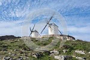 White old windmills on the hill near Consuegra