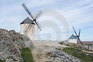 White old windmills on the hill near Consuegra