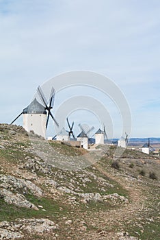 White old windmills on the hill near Consuegra