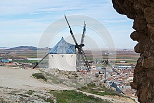 White old windmills on the hill near Consuegra photo