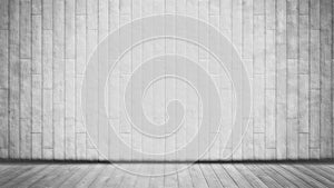 White old wood or wooden vintage plank floor and wall surface background as a vintage pattern layout for retro, grunge a