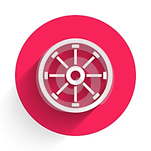 White Old wooden wheel icon isolated with long shadow. Red circle button. Vector