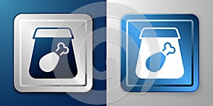 White Online ordering and fast food delivery with meal icon isolated on blue and grey background. Silver and blue square