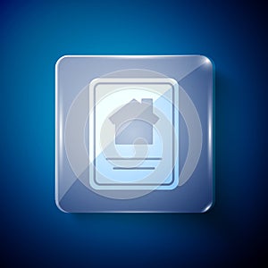 White Online real estate house on tablet icon isolated on blue background. Home loan concept, rent, buy, buying a