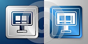 White Online shopping on screen icon isolated on blue and grey background. Concept e-commerce, e-business, online