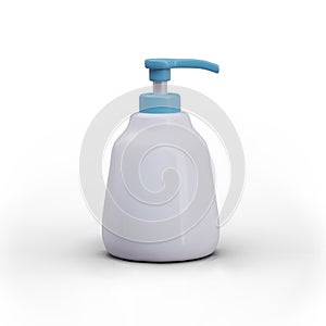 White opaque bottle with blue dispenser. Vector mockup for advertising soap, gel, shampoo