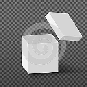 White open box mock up. Realistic vector cardboard cube with flying lid. Empty package surprise blank box