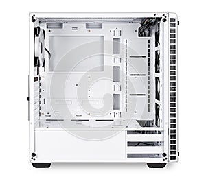 White open empty midi tower pc computer case side view isolated  background. gaming component technology electronics concept