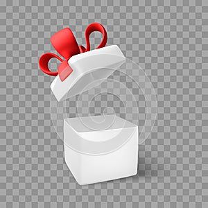 White open gift box. Surprise box with bow for holiday design banner or poster