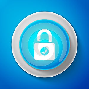 White Open padlock and check mark icon isolated on blue background. Security check lock sign. Circle blue button with