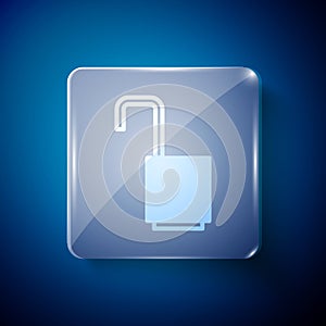 White Open padlock icon isolated on blue background. Opened lock sign. Cyber security concept. Digital data protection
