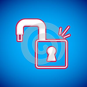 White Open padlock icon isolated on blue background. Opened lock sign. Cyber security concept. Digital data protection