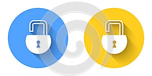 White Open padlock icon isolated with long shadow background. Opened lock sign. Cyber security concept. Digital data